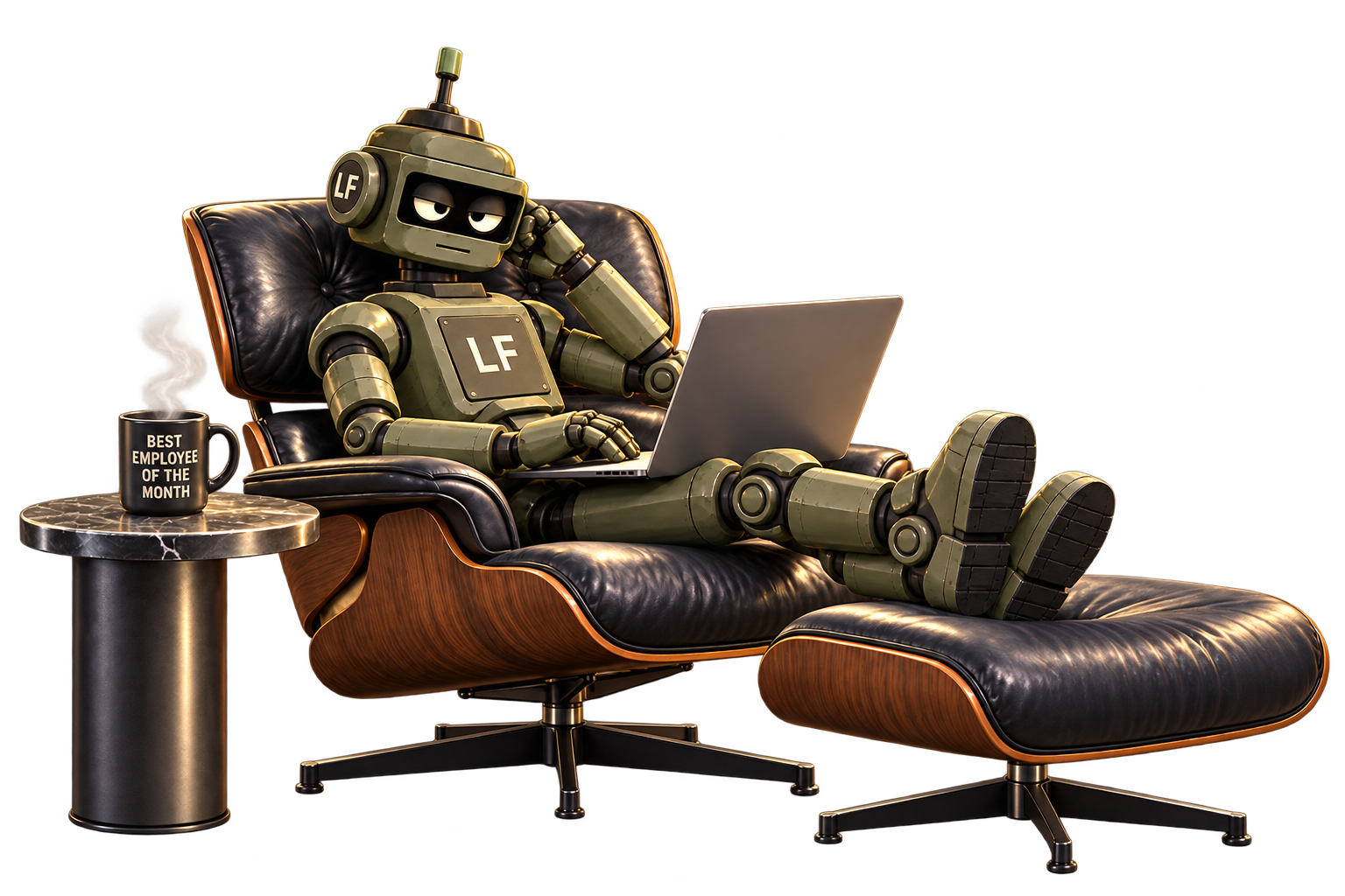 LeadFlow ON robot working with a laptop